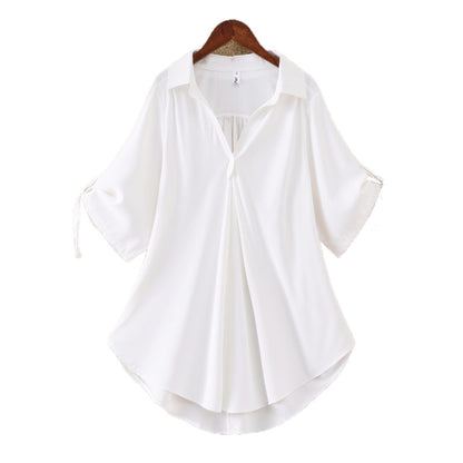 Women Fashion Casual Solid Color Mid-Length Short-Sleeved Chiffon Shirt Blouse