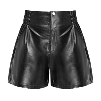 Women PU Leather High Waist Button Loose Casual Wide Leg Shorts