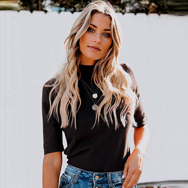 Summer Women Fashion Casual Solid Color Stand Collar Short Sleeve Long Sleeve
