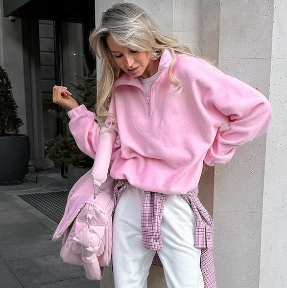 Autumn Winter Women Casual Loose Fleece Long-Sleeved Lapel Sweatshirt