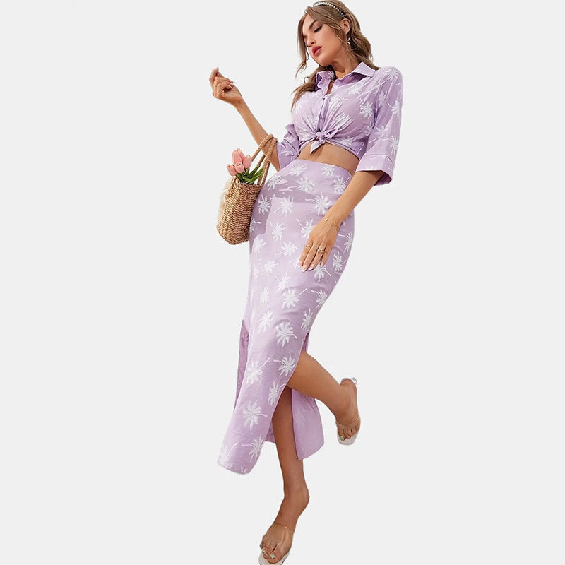 Conjunto de dos piezas formado por camisa y falda con abertura y estampado floral, informal, a la moda para mujer