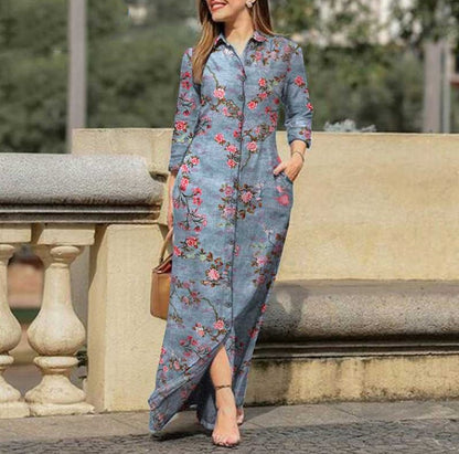 Women Casual Plaid Floral Long Sleeve Lapel Collar Button Maxi Dress