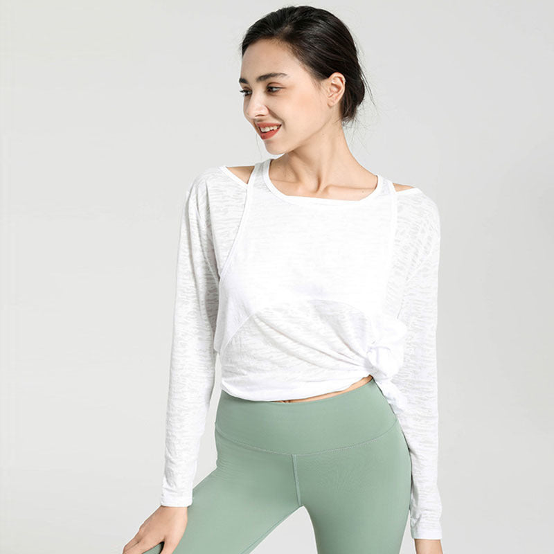 Top deportivo informal holgado de color liso con cuello redondo y manga larga para mujer