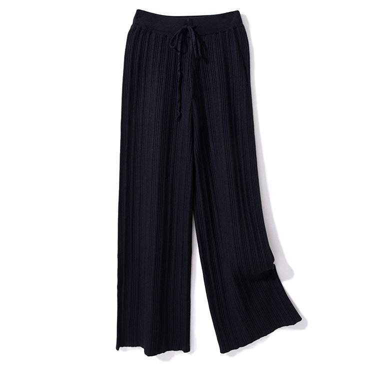 Women Casual Autumn Winter Solid Color Pleated Wide Leg Knitted Pants