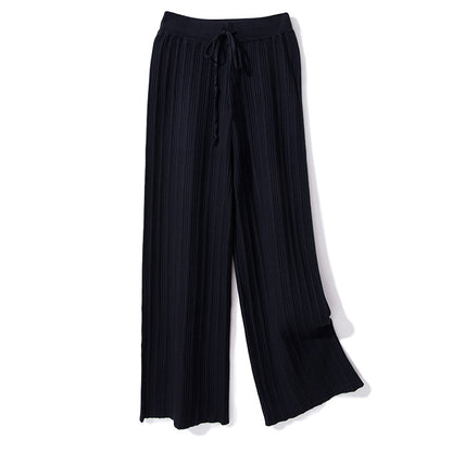 Women Casual Autumn Winter Solid Color Pleated Wide Leg Knitted Pants