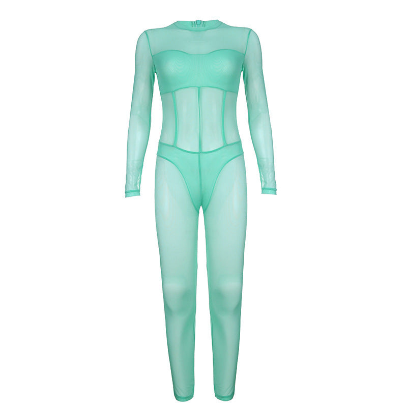 Women Sexy Solid Color Round Neck Long Sleeve Mesh Slim Fit Casual Jumpsuits