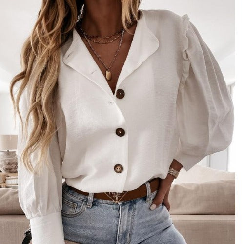 Blusa elegante básica informal de color liso con mangas cortas y volantes para mujer