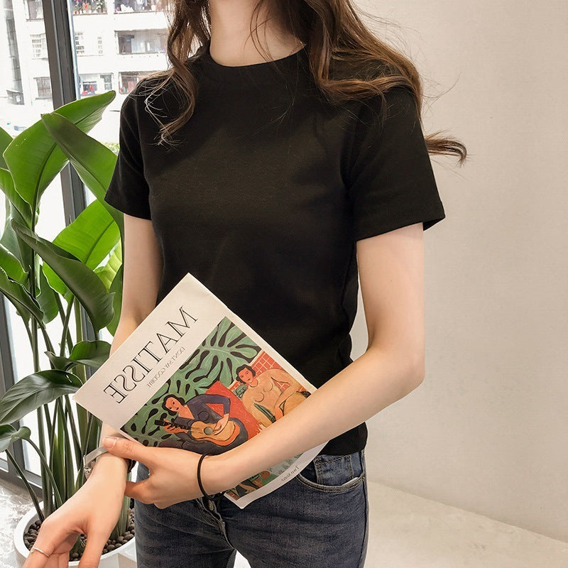 Camiseta informal de manga corta con cuello redondo y color liso para mujer