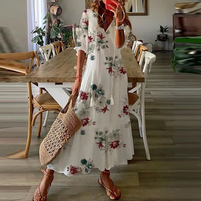Vestido informal de moda con cuello en V y manga corta con estampado floral para mujer