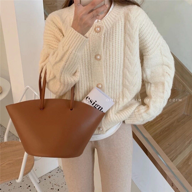 Suéter tipo cárdigan liso de manga larga con cuello redondo y tejido trenzado para mujer, informal, de invierno