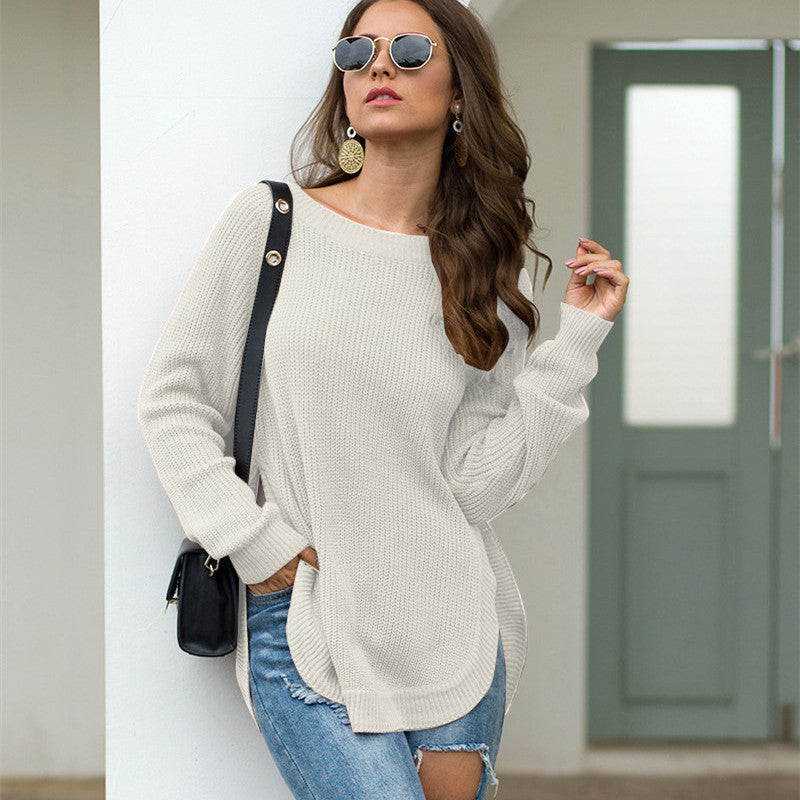 Suéter informal de manga larga con cuello redondo y color liso para mujer de otoño e invierno