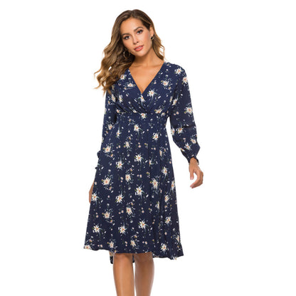 Vestido midi informal de gasa con estampado floral, escote en V y manga larga para mujer