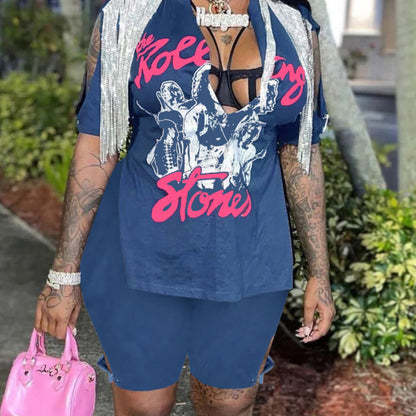 Plus Size Women Casual Short Sleeves Top And Shorts Fringed Print Two-Piece Set