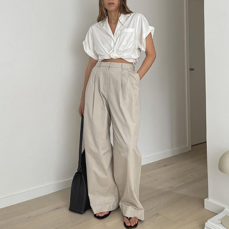 Pantalones de traje de pierna ancha y cintura alta de color sólido informales a la moda para mujer