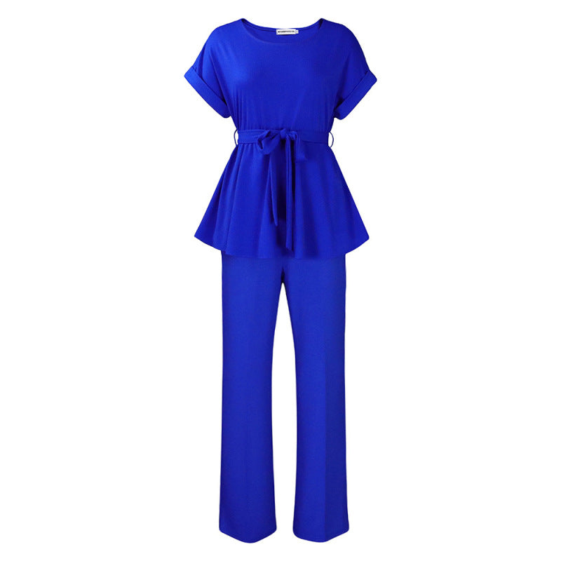 Conjunto de dos piezas de top y pantalón de manga corta de color liso informal para mujer