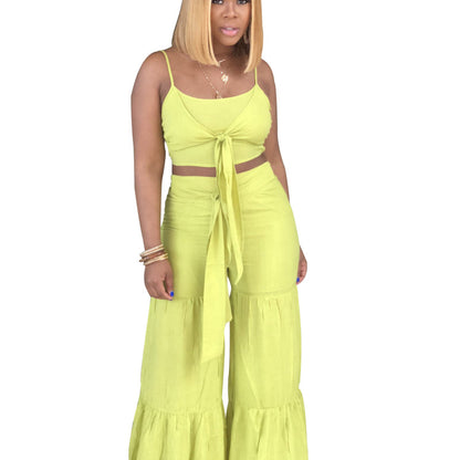 Conjunto de dos piezas de camiseta corta con nudo y pantalones anchos de color liso para mujer, estilo casual, para vacaciones de verano