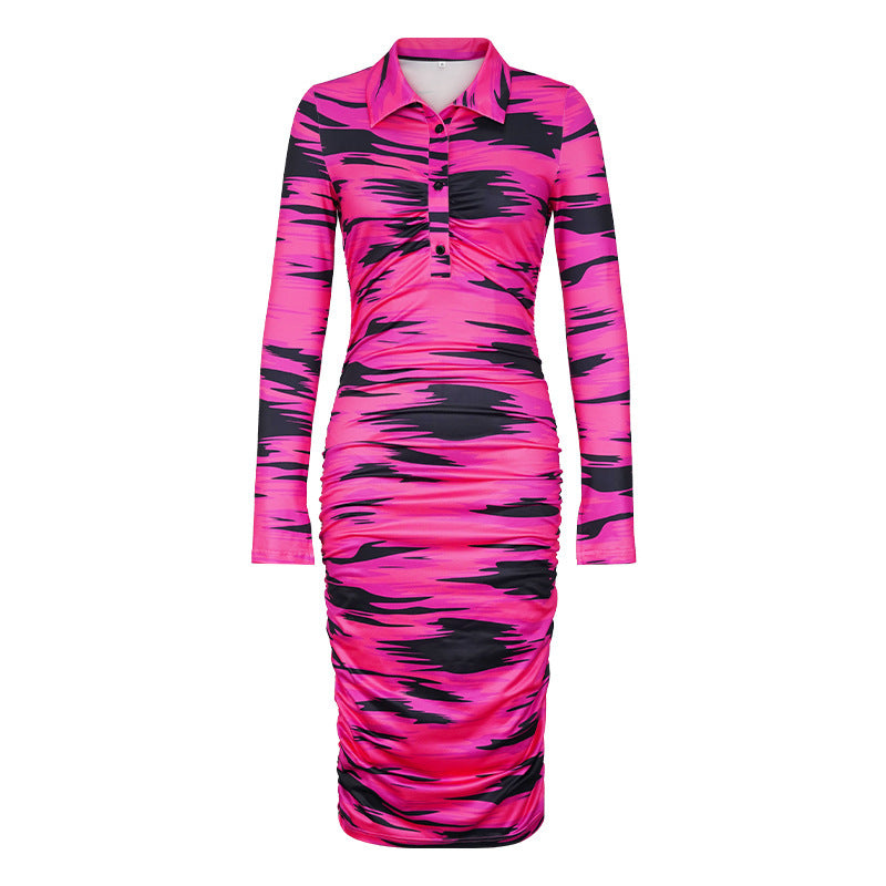 Women'S Fashion Casual Printing Long Sleeve Lapel Single-Breasted Dress
