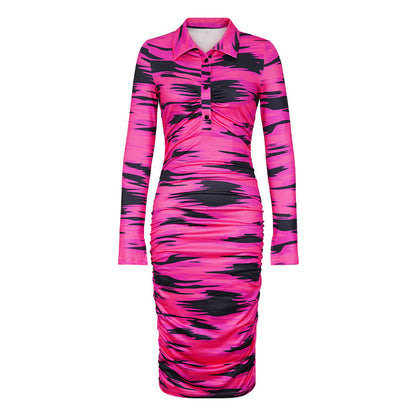 Women'S Fashion Casual Printing Long Sleeve Lapel Single-Breasted Dress