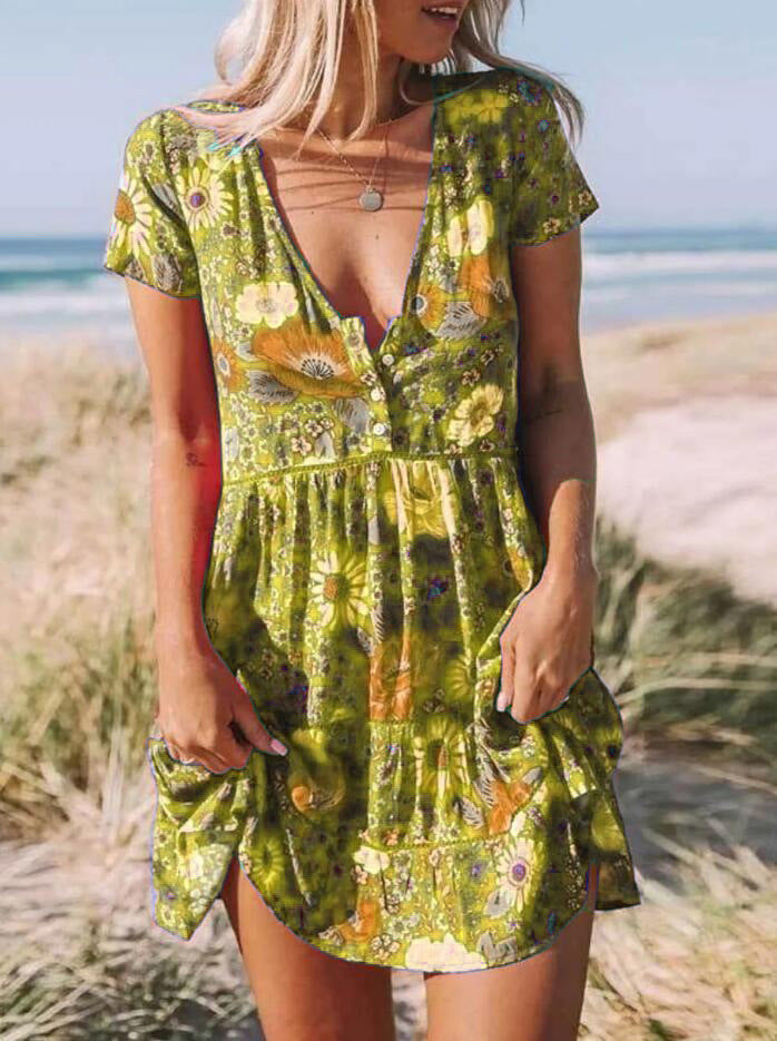 Women Casual Floral Printed V-Neck Short Sleeves Ruffled Dress