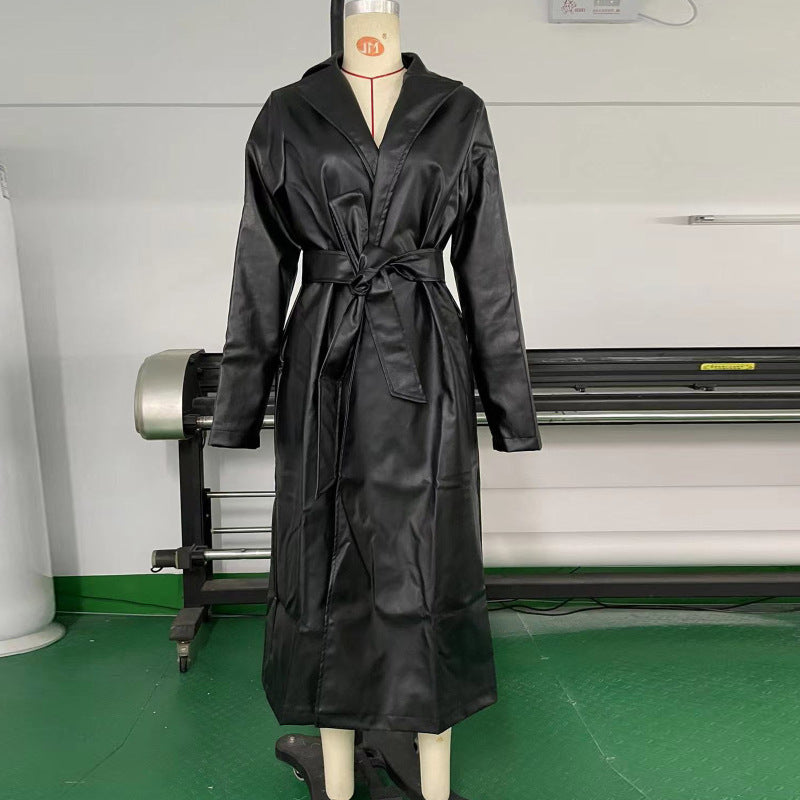 Chaqueta larga de cuero de color liso para mujer, gabardina informal