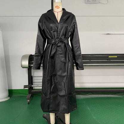 Chaqueta larga de cuero de color liso para mujer, gabardina informal