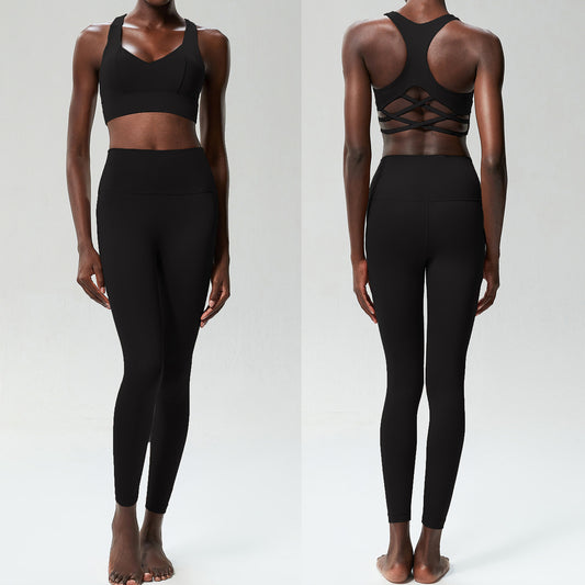 Conjunto de dos piezas deportivo informal de color liso para mujer, de secado rápido, con top y pantalones ajustados