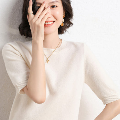 Spring And Summer Women Solid Color Casual Versatile Knitted Short-Sleeved Round Neck Knitwear Sweater