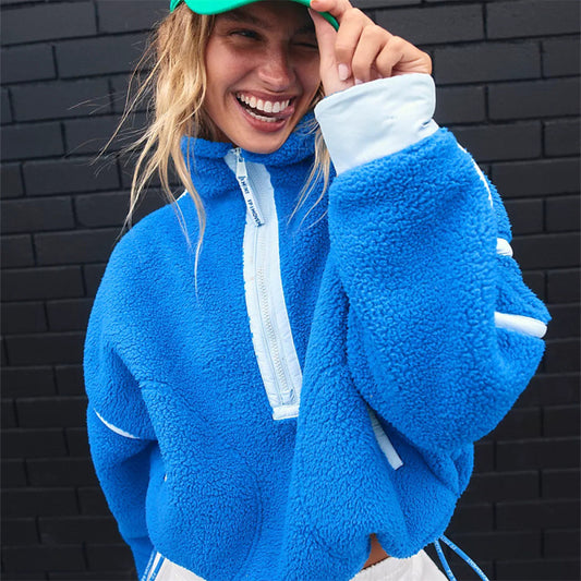 Half Zipper Turtle Neck Women Street Fashion Casual Winter Pullover Solid Color Plush Sweatshirt