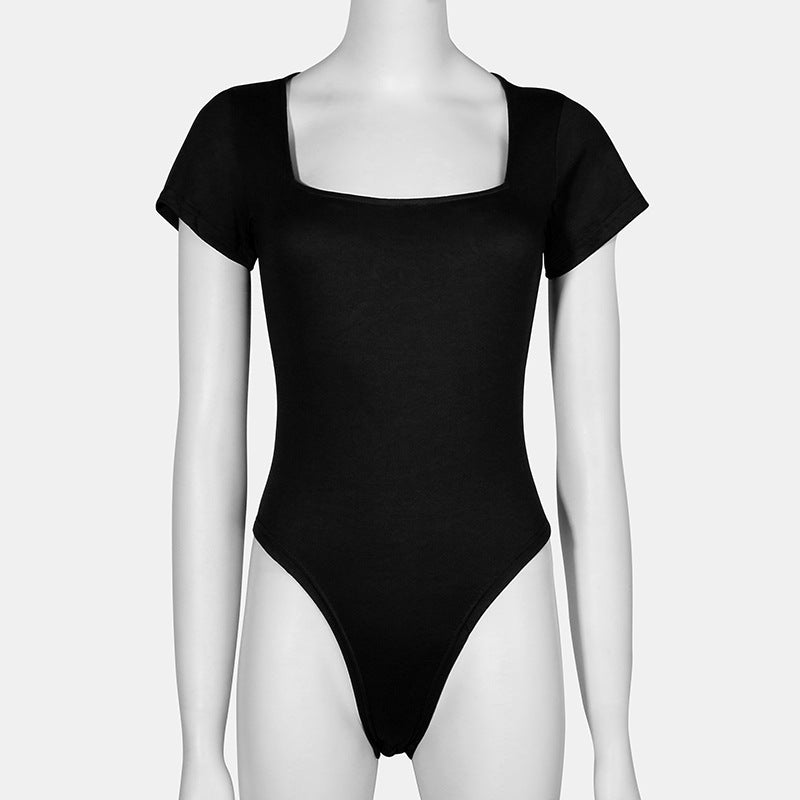 Women Fashion Casual Square Collar Tight Basic Solid Color Slim-Fit Plus Size Short-Sleeve Bodysuit