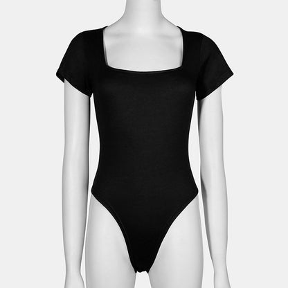 Women Fashion Casual Square Collar Tight Basic Solid Color Slim-Fit Plus Size Short-Sleeve Bodysuit
