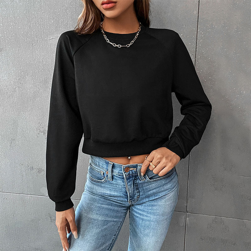 Women Fashion Casual Solid Color Round Neck Long Sleeve Sweatshirt