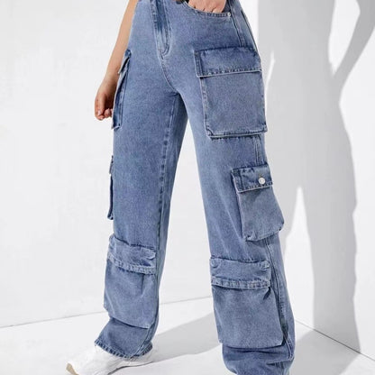 Pantalones vaqueros cargo casuales con múltiples bolsillos para mujer