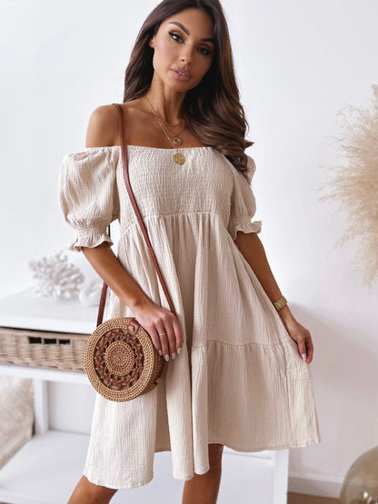 Summer Women Casual Vacation Off Shoulder Solid Color Ealstic Loose Dress