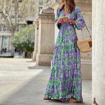 Vestido largo de manga larga con estampado bohemio informal de moda de verano para mujer