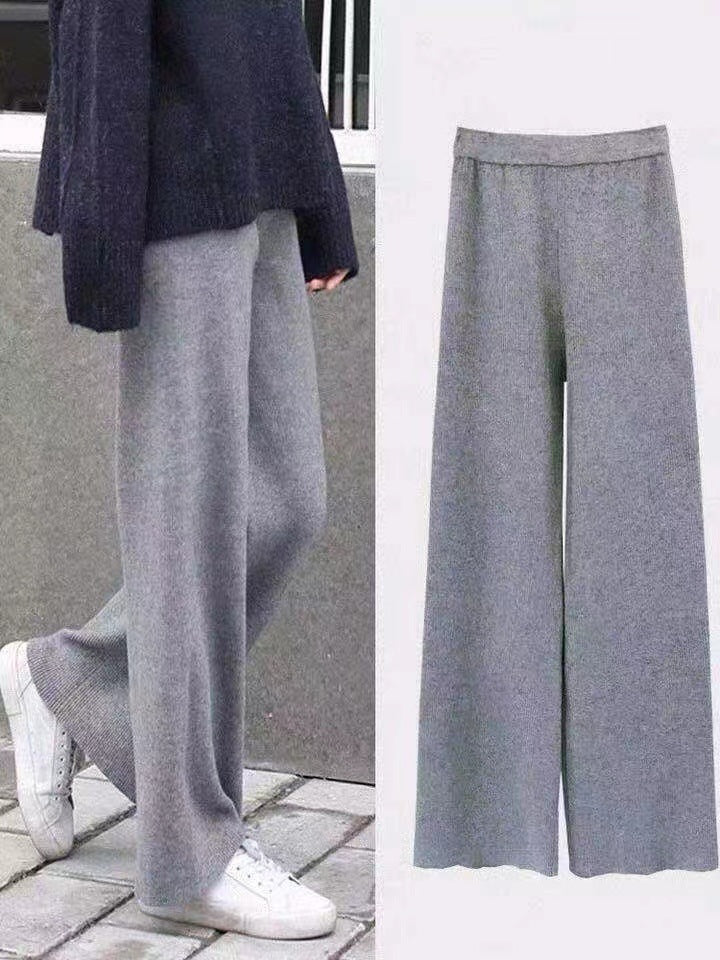 Women Casual Pants Thickened Knitted Wide-Leg High-Waisted Straight-Leg Pendant Long Pants