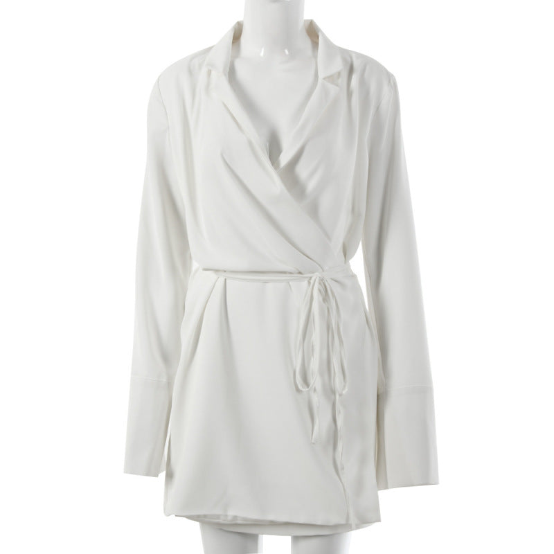 Women Solid Color Lapel V-Neck Long Sleeve Chiffon Waist Loose Casual Dress