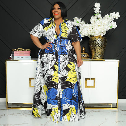 Women Plus Size Summer Floral Printed Casual Long Sleeve Maxi Dress