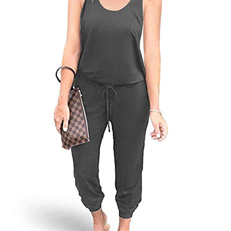 Women Solid Color Tank Top Waist Tie Casual Loose Jumpsuit
