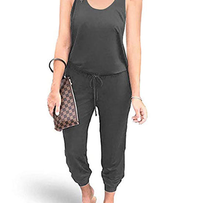 Women Solid Color Tank Top Waist Tie Casual Loose Jumpsuit