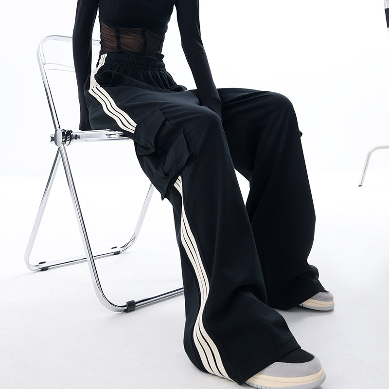 Black Stripe Casual Women Spring And Autumn Wide Leg Stripe Sports Pocket Cargo Pants