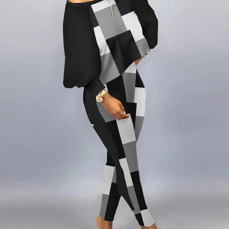 Conjunto de top holgado y pantalones ajustados con estampado gráfico informal de moda para mujer