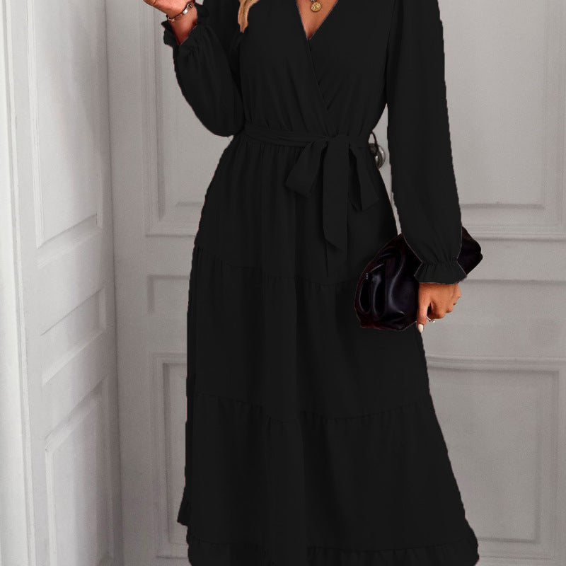 Women Fashion Casual Solid Color Bandage Long Sleeve Wrap Dress