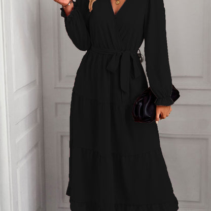 Women Fashion Casual Solid Color Bandage Long Sleeve Wrap Dress