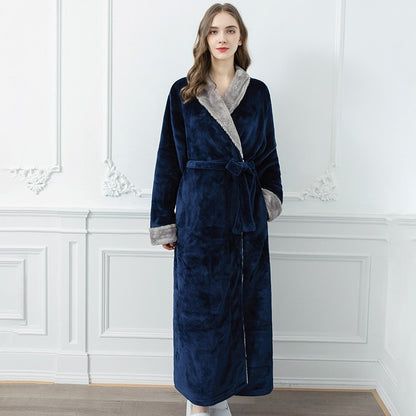 Couples Winter Fashion Casual Home Solid Color Flannel Lapel Long Sleeve Robes Sleepwear