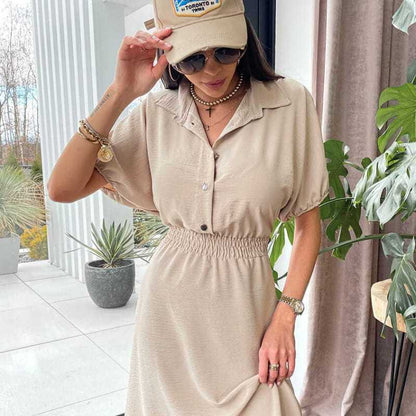 Vestido informal de manga corta con solapa y botonadura sencilla de color liso para mujer