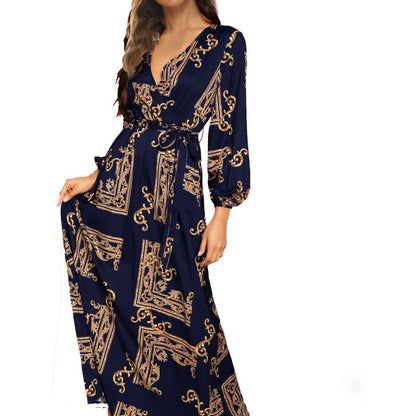 Long Sleeve Dress Women Vintage Boho Style V Neck Casual Maxi Dress