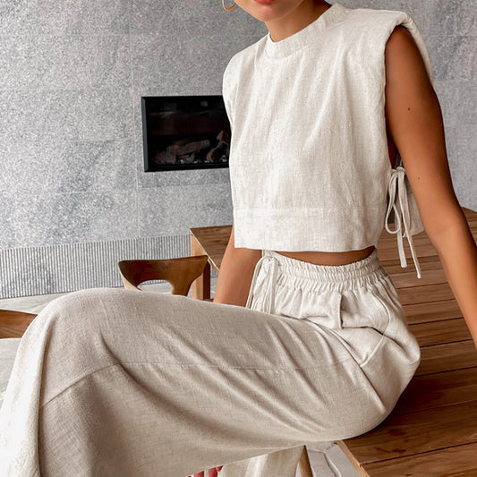 Conjunto de blusa y pantalón de lino y algodón de color liso para mujer, informal, a la moda, para vacaciones