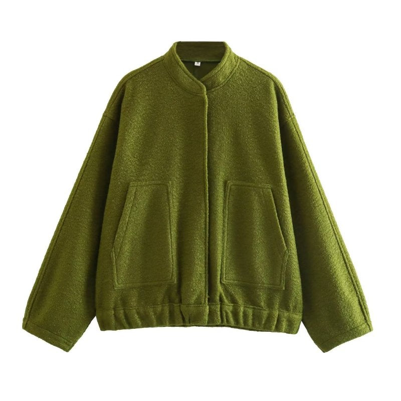 Chaqueta holgada informal de color liso con cuello alto para mujer