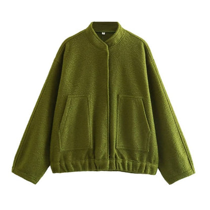 Chaqueta holgada informal de color liso con cuello alto para mujer