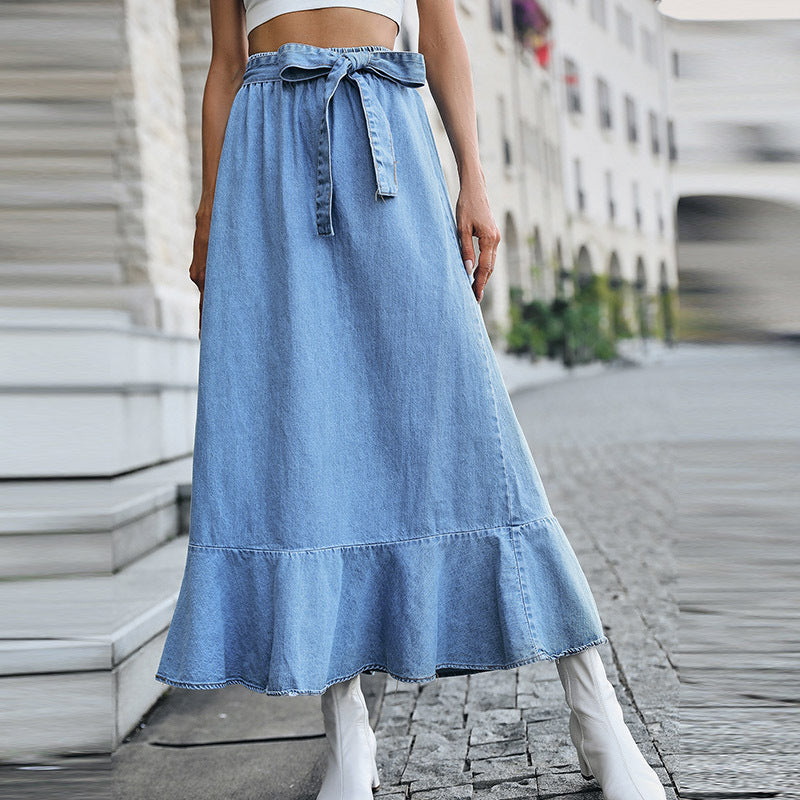 Women Fashion Casual Ruffled Pleated Denim Skirt